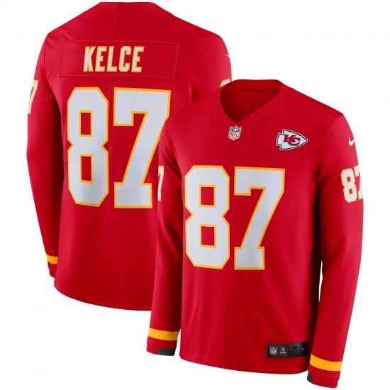 Nike Chiefs 87 Travis Kelce Red Therma Long Sleeve NFL Jersey